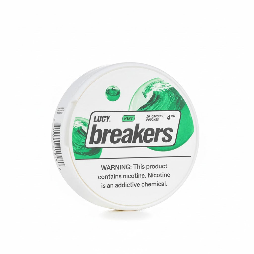 Lucy Breakers nicotine pouches packaging with green and white design on a white background
