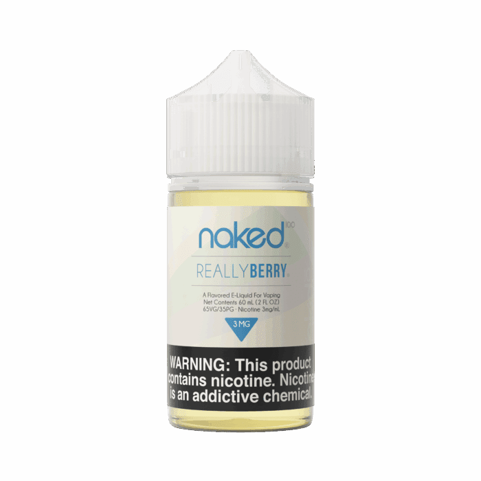 Naked Really Berry vape juice bottle on a gray background