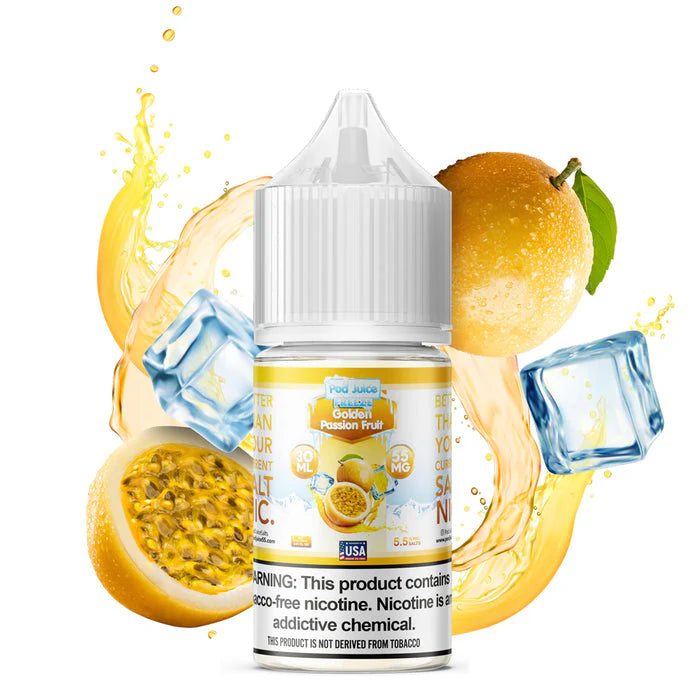 Vape juice bottle with passion fruit and ice cubes on a white background