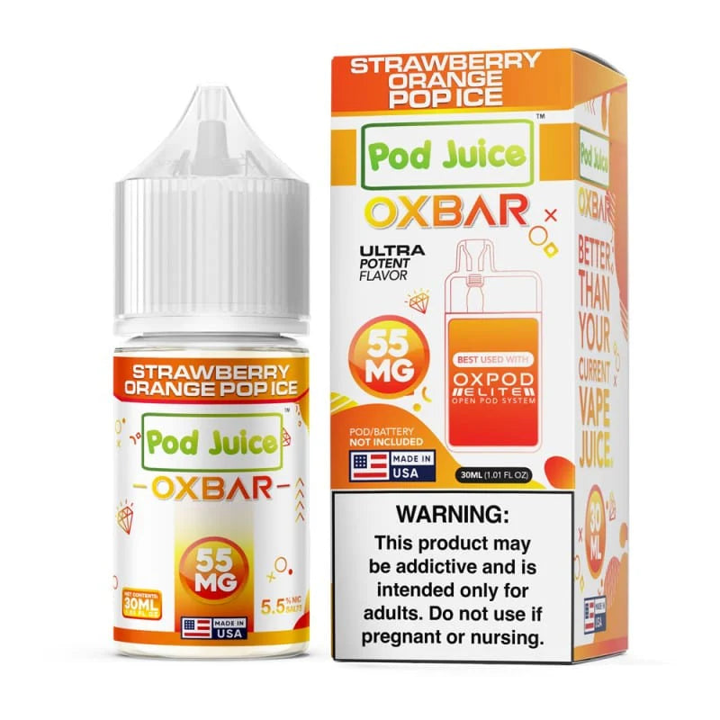 Pod Juice OXBAR Strawberry Orange Pop Ice vape juice bottle and packaging on a white background