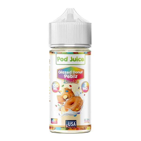 Pod Juice Glazed Donut Pebiz vape juice bottle on a white background