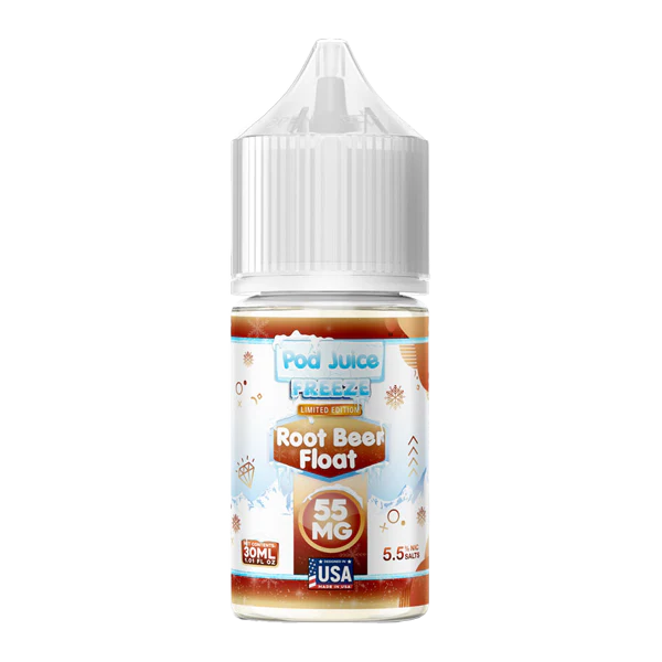 Pod Juice Freeze Root Beer Float vape juice bottle on a white background