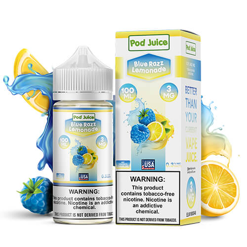 Pod Juice Blue Razz Lemonade vape juice bottle and packaging on a white background