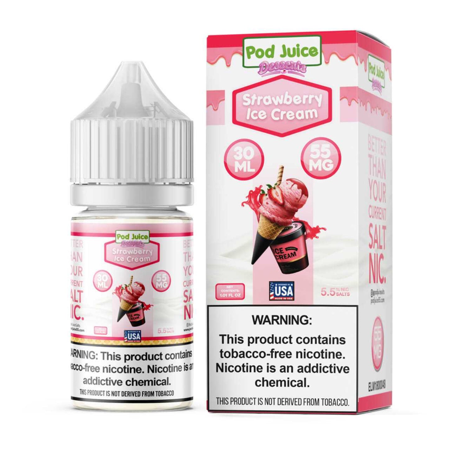 Vape juice bottle and packaging with strawberry ice cream flavor on a white background
