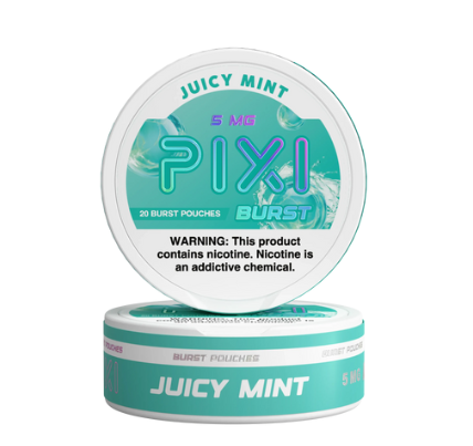 Two containers of Juicy Mint Pixi Burst nicotine pouches on a white background