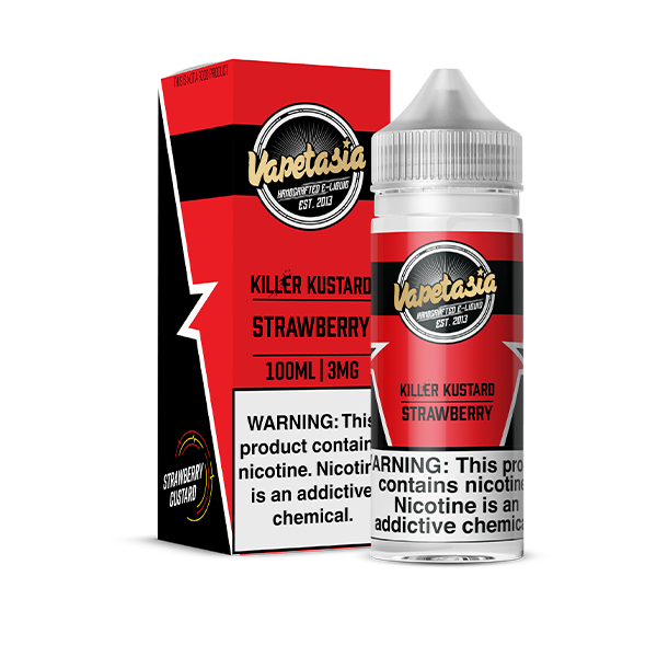 Vapetasia Killer Kustard Strawberry e-liquid bottle and packaging on a white background