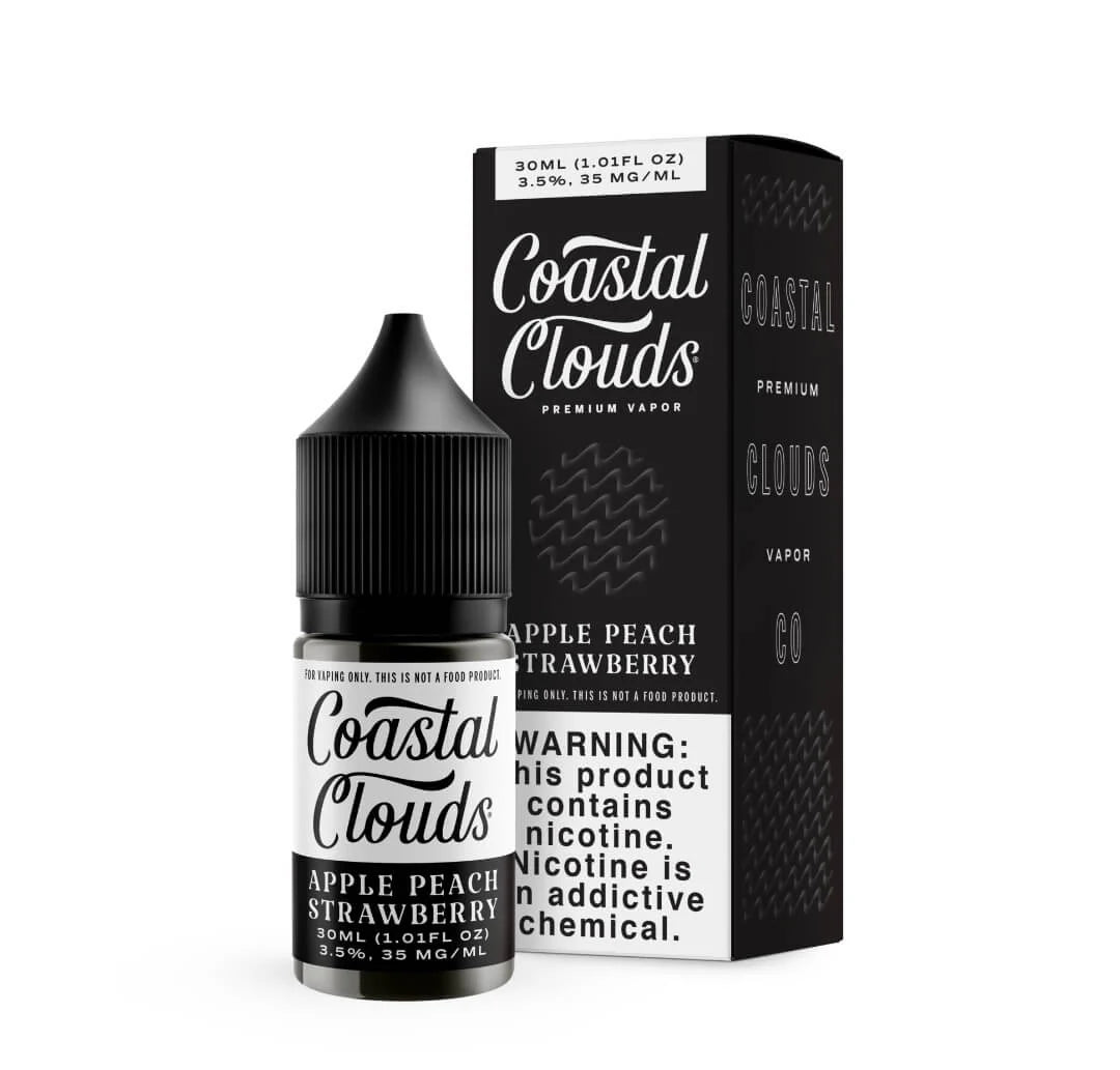 Coastal Clouds Blackberry Lemonade vape juice bottle and packaging on a white background