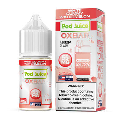 Pod Juice OXBAR White Gummy Watermelon vape juice bottle and packaging on a white background
