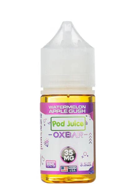 Pod Juice OXBAR vape juice bottle with watermelon apple gush flavor on a white background