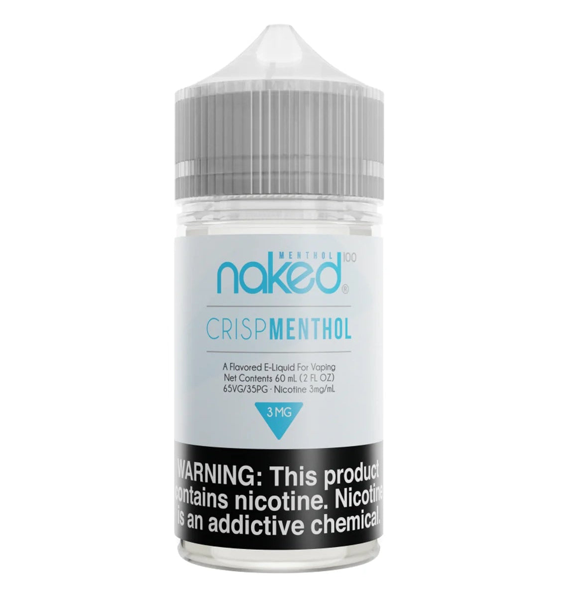 Naked 100 Crisp Menthol e-liquid bottle with nicotine warning labels on a white background