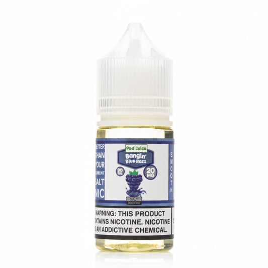 Bottle of Pod Juice Bangin Blue Raz salt nicotine on a white background