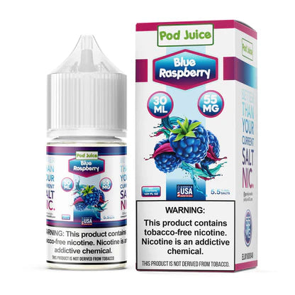 Pod Juice Blue Raspberry e-liquid bottle and packaging on a white background
