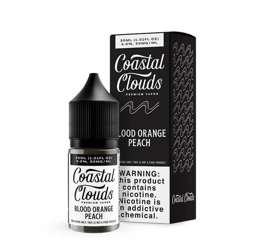 Coastal Clouds Blood Orange Peach vape juice bottle and packaging on a white background