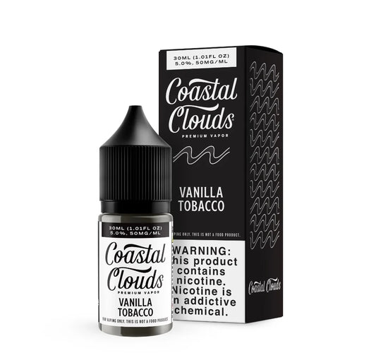Coastal Clouds Vanilla Tobacco e-liquid bottle and packaging on a white background