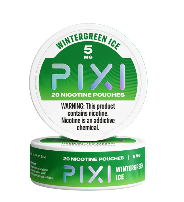 Green and white container of PIXI Wintergreen Ice nicotine pouches on a white background