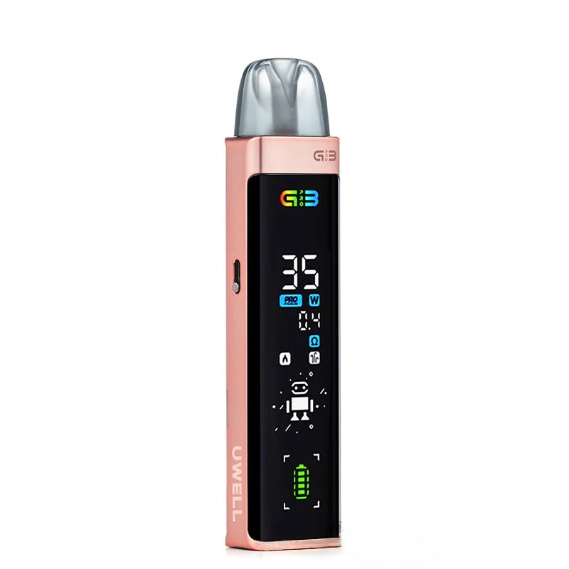 Rose gold vape device with digital display on a white background