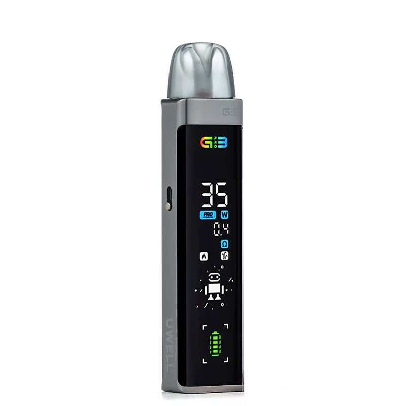 Vaping device with digital display on a white background