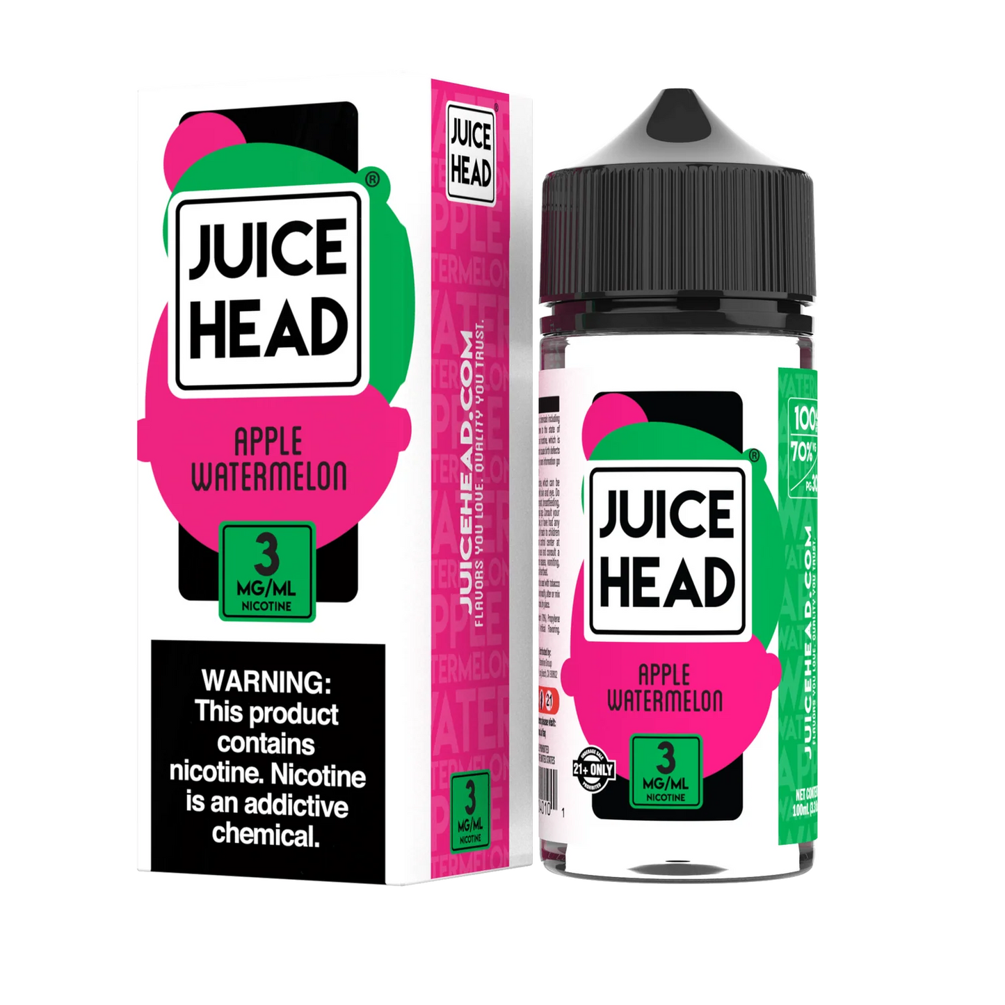 Juice Head Apple Watermelon e-liquid bottle and packaging on a white background