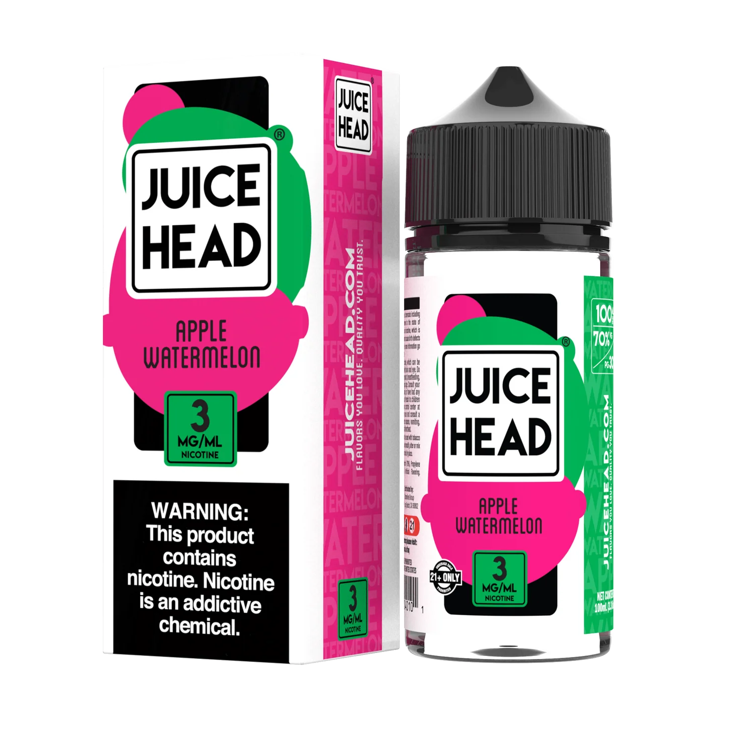 Juice Head Apple Watermelon e-liquid bottle and packaging on a white background