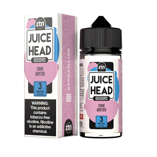 Juice Head Cake Batter e-liquid bottle and packaging on a white background