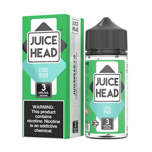 Juice Head Cool Mint vape juice packaging and bottle on a white background