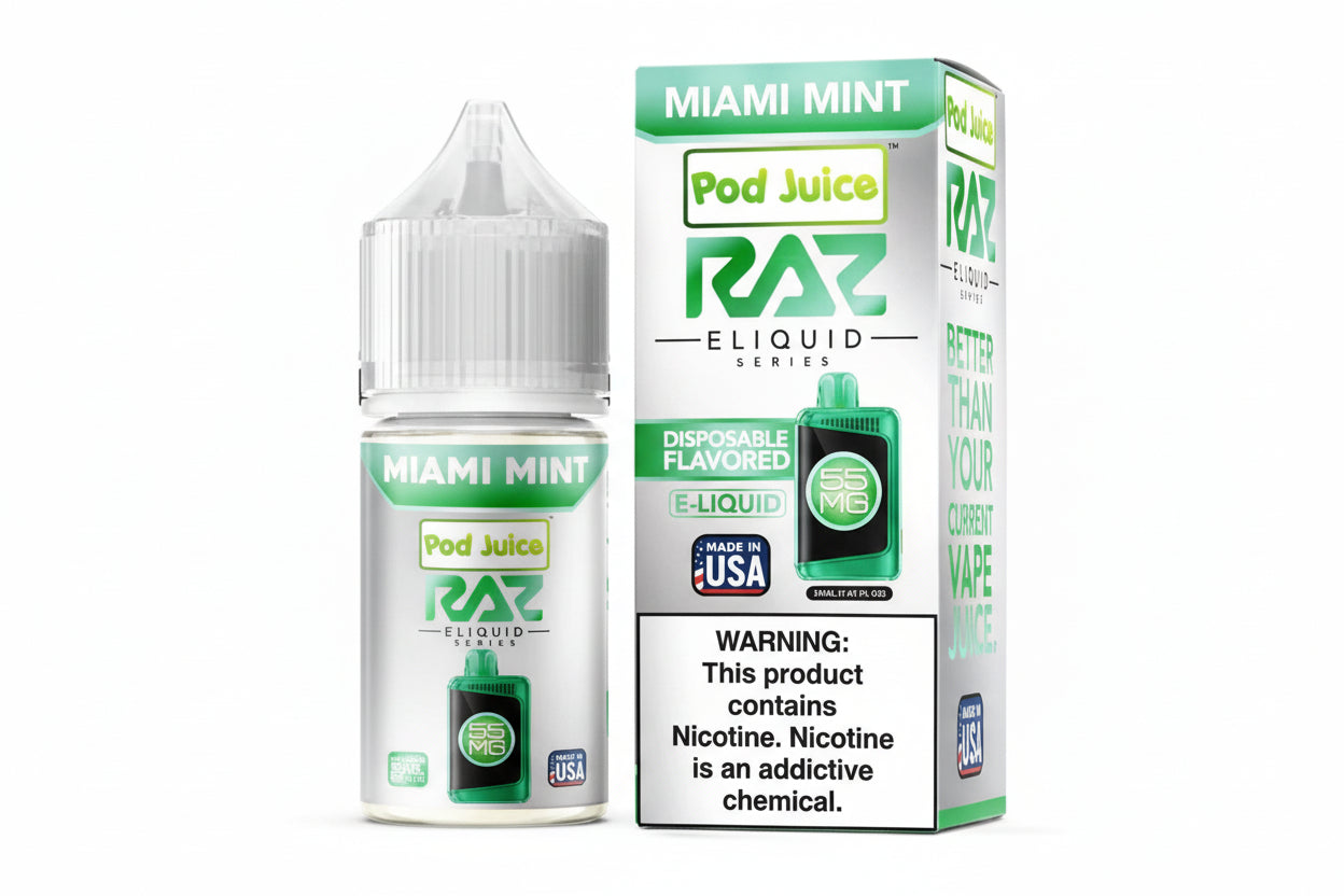 Pod Juice RAZ E-Liquid Miami Mint packaging on a white background