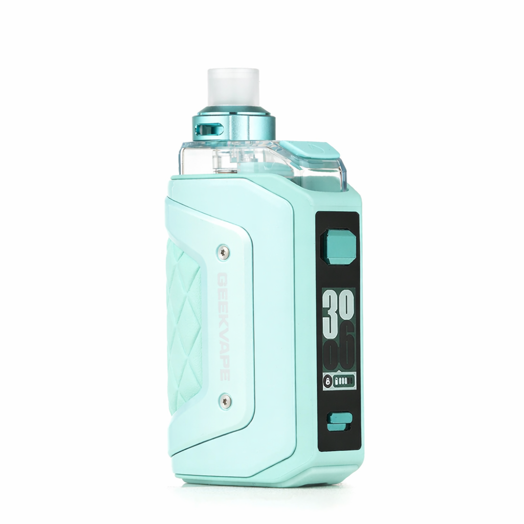 Mint green electronic device with digital display on a white background