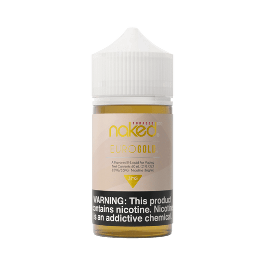 Naked 100 Tobacco Euro Gold e-liquid bottle on a green background