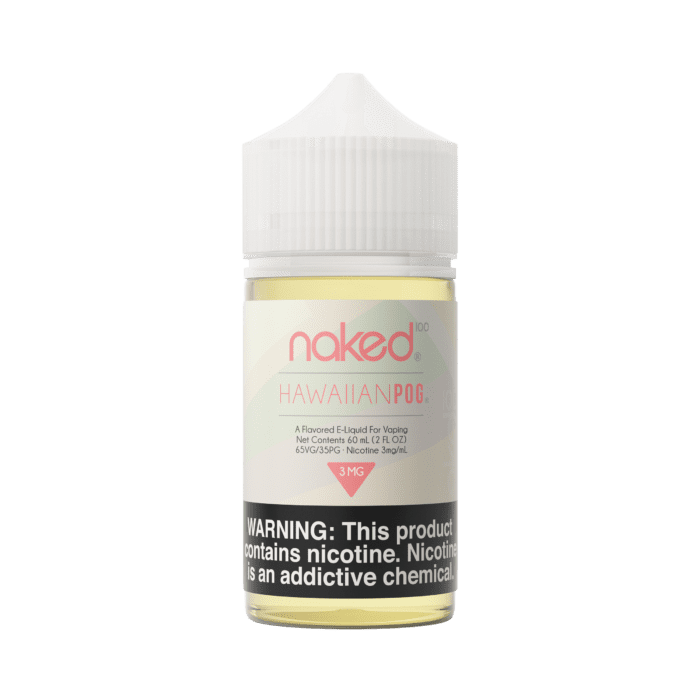 Naked 100 Hawaiian POG vape juice bottle on a green background