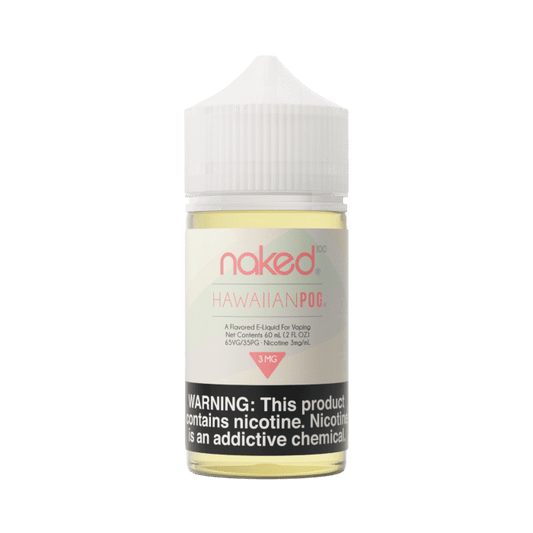 Naked 100 Hawaiian POG vape juice bottle on a green background