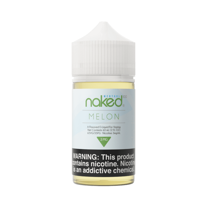 Naked Melon vape juice bottle on a green background
