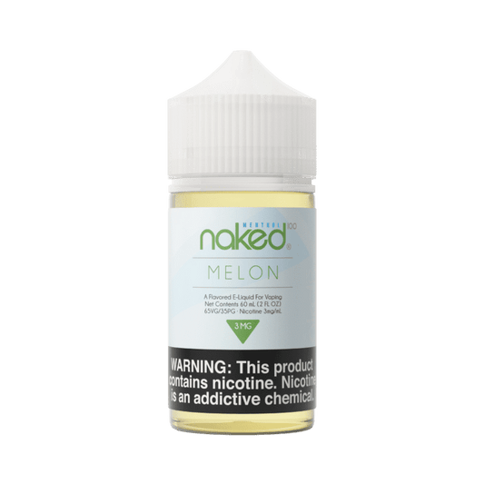 Naked Melon vape juice bottle on a green background