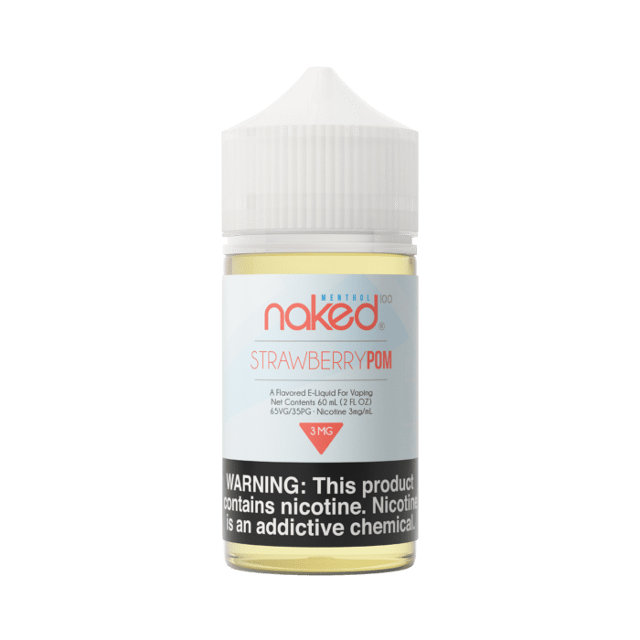 Naked Strawberry Pom vape juice bottle on a green background