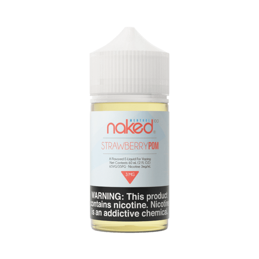 Naked Strawberry Pom vape juice bottle on a green background