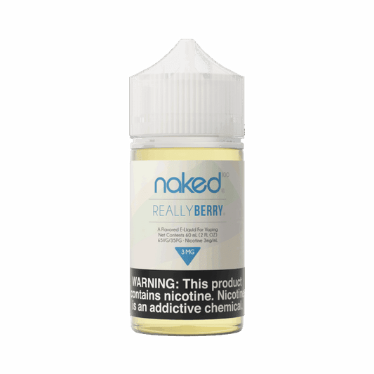 Naked Really Berry vape juice bottle on a gray background