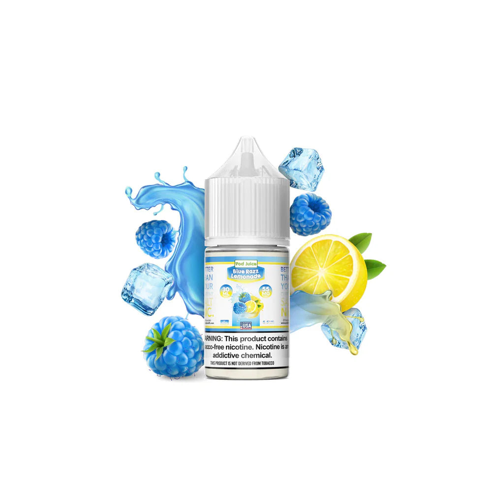 Bottle of blueberry lemonade-flavored e-liquid with ice cubes, blueberries, and a lemon on a white background.