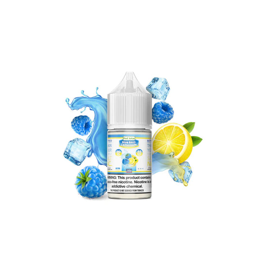 Bottle of blueberry lemonade-flavored e-liquid with ice cubes, blueberries, and a lemon on a white background.
