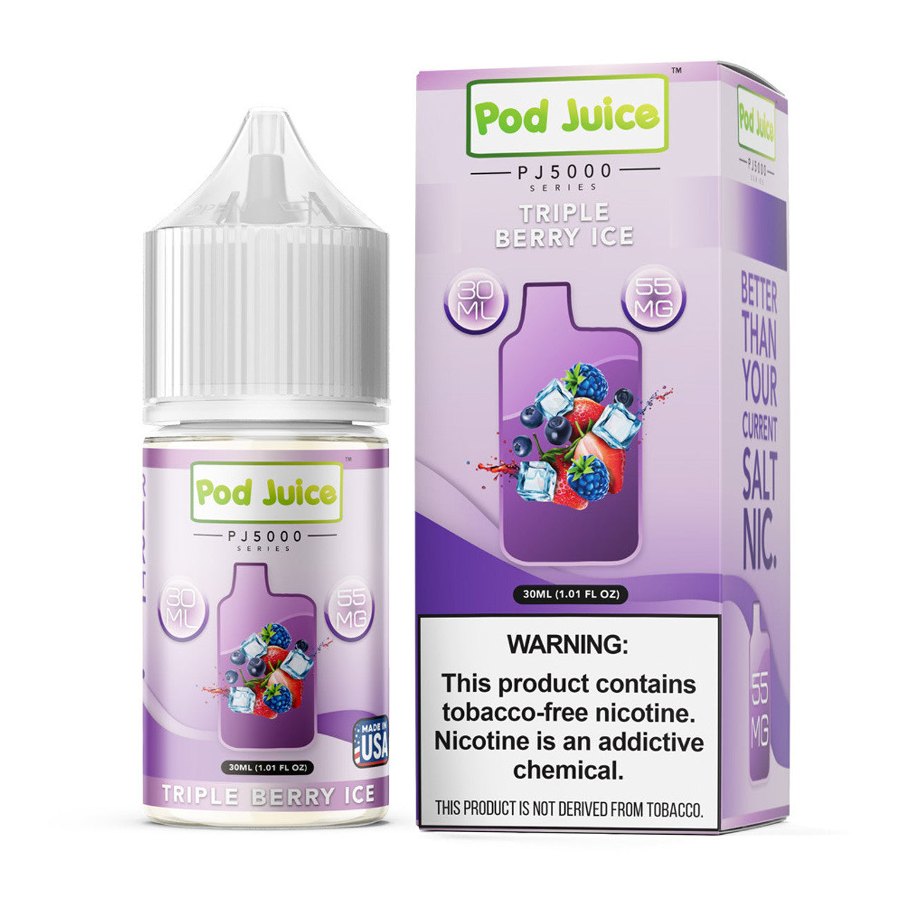 Pod Juice Triple Berry Ice e-liquid bottle and packaging on a white background