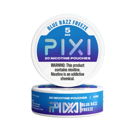 PIXI Blue Razz Freeze nicotine pouches packaging on a white background
