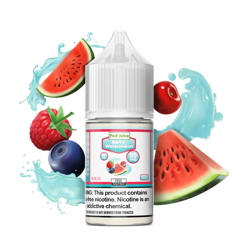 Vape juice bottle labeled 'Berry Watermelon' with watermelon slices, berries, and blueberries on a white background.