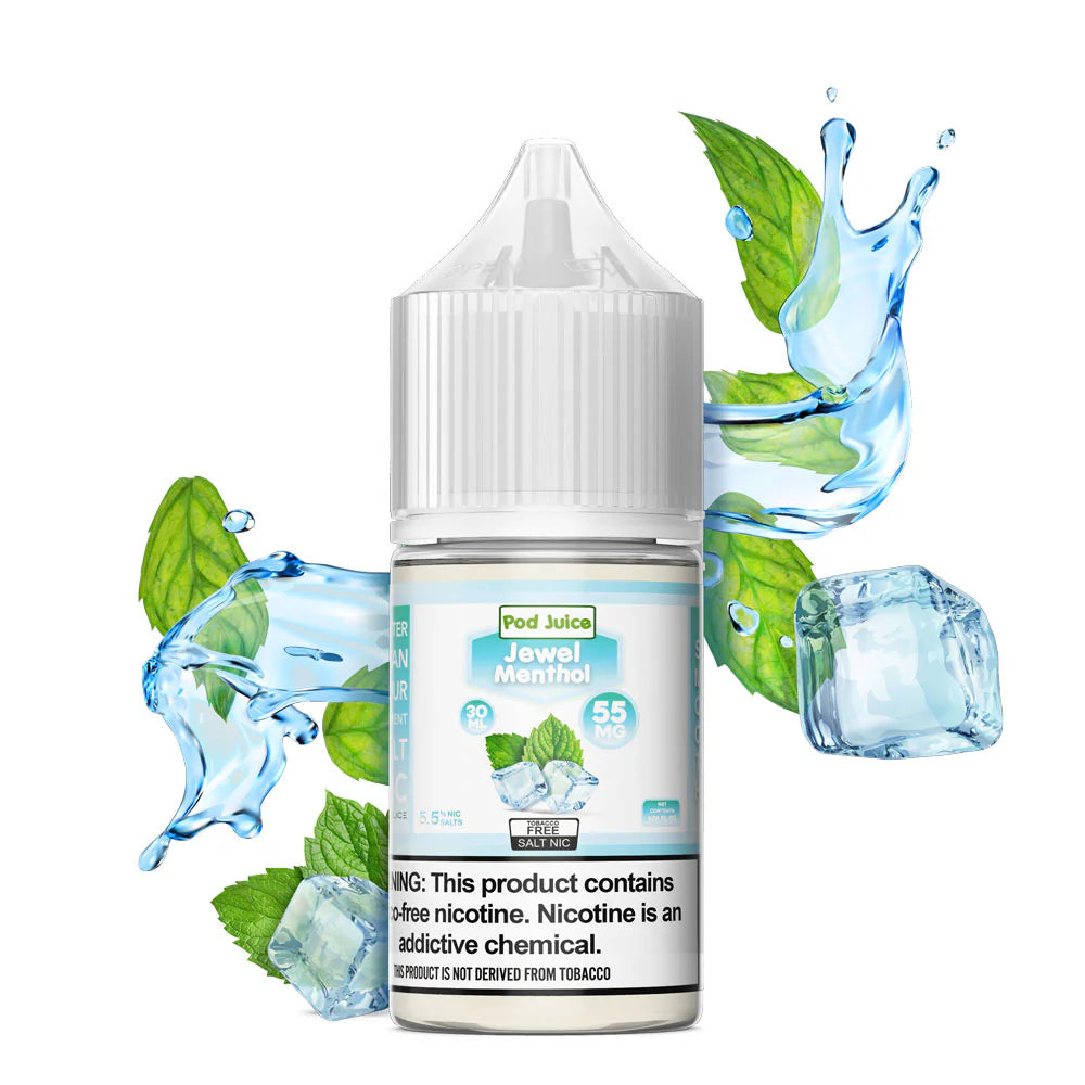 Pod Juice Jewel Menthol vape juice bottle with mint leaves and water droplets on a white background