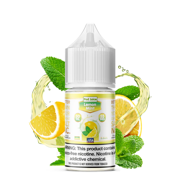 Bottle of Lemon Mint flavored e-liquid with lemon slices and mint leaves on a white background