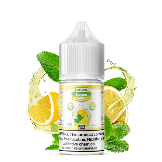 Bottle of Lemon Mint flavored e-liquid with lemon slices and mint leaves on a white background