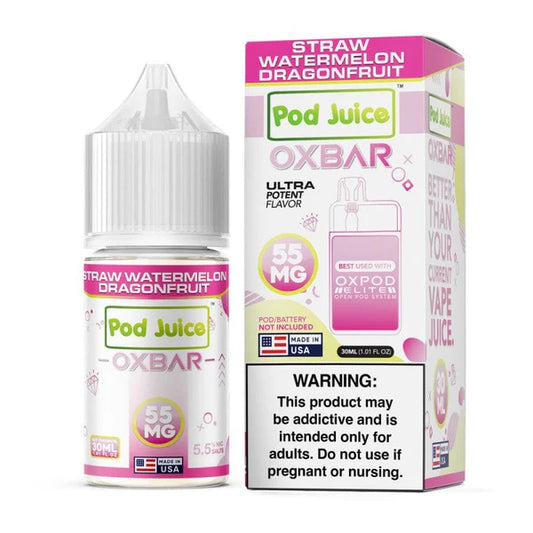 Pod Juice Oxbar vape juice bottle and packaging with strawberry watermelon dragonfruit flavor on a white background.