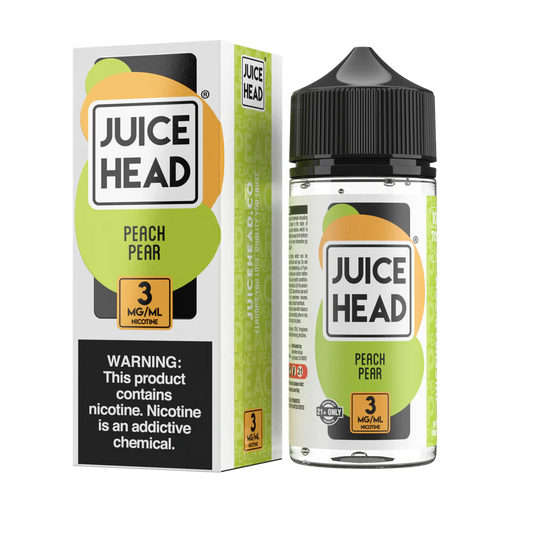 Juice Head Peach Pear e-liquid bottle and packaging on a white background