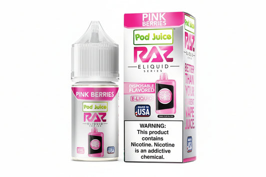 Pod Juice RAZ E-Liquid Pink Berries bottle and packaging on a white background
