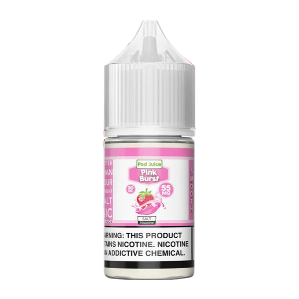 Vape juice bottle with pink label on a white background