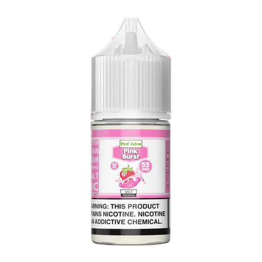 Vape juice bottle with pink label on a white background