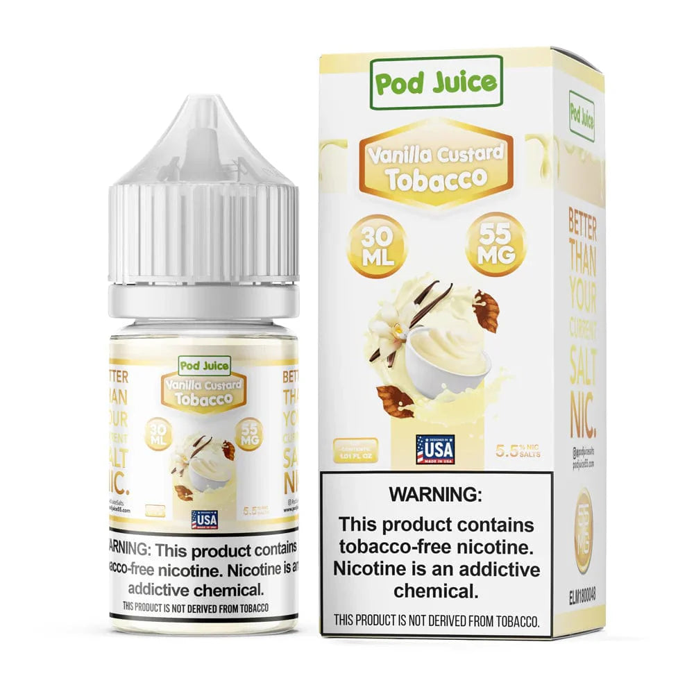 Pod Juice Vanilla Custard Tobacco e-liquid bottle and packaging on a white background
