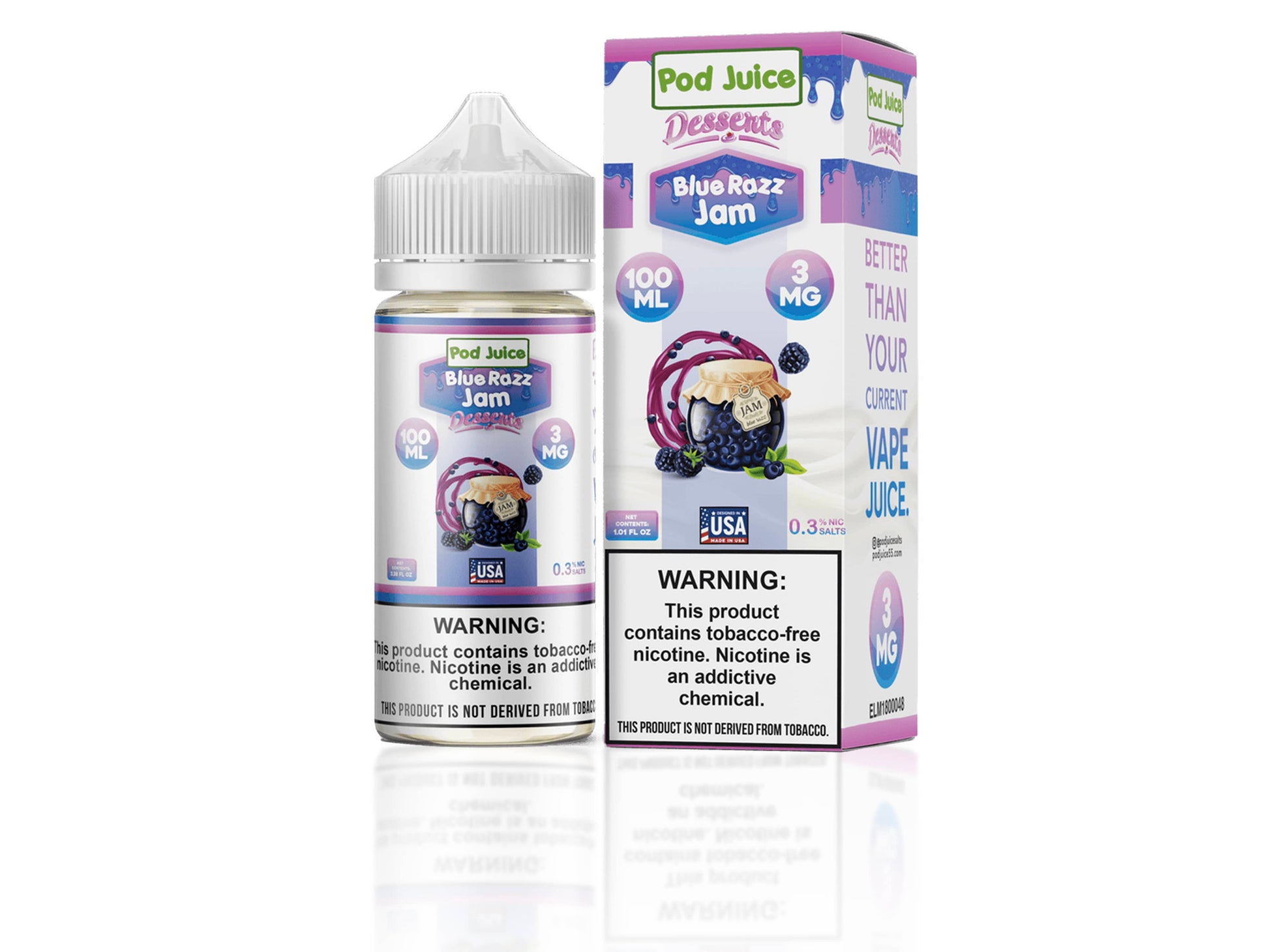 Pod Juice Blue Razz Jam vape juice bottle and packaging on a white background